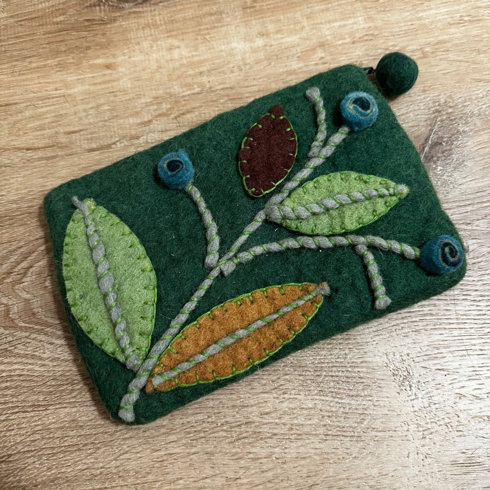 Rising Tide x Anthropologie | Green Felted Wool Botanical Leaf Handmade Coin Bag